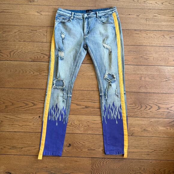 Cooper 9 Men SZ 36 Skinny Distressed Flames Purple Yellow Rocker Streetwear - Picture 1 of 11